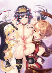 3girls aqua_eyes ass black_hair blonde_hair blue_eyes blurry blush bokeh breast_suppress breasts breasts_out bridal_gauntlets brown_hair depth_of_field do_as_~muraosa_no_iinari~ do_as_~oshishou_no_iinari~ do_as_~shinpu-sama_no_iinari~ fingerless_gloves floating_hair fujima_kaede gloves hair_ornament headdress highres huge_breasts japanese_clothes kayama_suzune long_hair looking_at_viewer miko multiple_girls ninja nipples nun official_art open_mouth photoshop_(medium) red_gloves scarf smile sophia_ende standing sweat tonchiki_panchi tongue tongue_out updo very_long_hair yellow_eyes