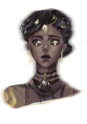 Rule 34 | 1girl, arcane: league of legends, black hair, cropped shoulders, dark-skinned female, dark skin, dreadlocks, earrings, facial mark, glitter makeup, green eyes, hair ornament, highres, jewelry, league of legends, makeup, mel medarda, necklace, pppeipeipipi, purple lips, simple background, solo, updo, white background