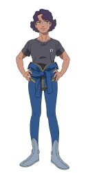 1boy bandaid bandaid_on_cheek bandaid_on_face blue_pants bocata_(gquuuuuux) boots clothes_around_waist dark_skin full_body grey_boots gundam gundam_gquuuuuux hands_on_own_hips highres jumpsuit male_focus messy_hair official_art pants purple_hair shirt short_hair simple_background smile solo standing t-shirt transparent_background
