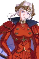 1girl 42u16 breasts cape closed_mouth collared_cape double_bun dress edelgard_von_hresvelg edelgard_von_hresvelg_(timeskip) fake_horns fire_emblem fire_emblem:_three_houses gloves hair_bun hair_up hand_on_own_hip head_tilt headpiece high_collar highres horns large_breasts long_sleeves looking_at_viewer nintendo purple_eyes red_cape red_dress shade simple_background solo standing upper_body watermark white_background white_hair