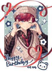 1boy ;) amagi_hiiro beanie blue_eyes blush border brown_hat brown_shirt brown_sweater_vest closed_mouth collared_shirt commentary_request dated drop_shadow ensemble_stars! green_background hair_ornament hands_up happy_birthday hat highres long_sleeves looking_at_viewer lq_saku male_focus necktie one_eye_closed plaid_clothes plaid_shirt polka_dot polka_dot_background red_hair red_necktie shirt short_hair smile spade_hair_ornament sweater_vest upper_body white_border