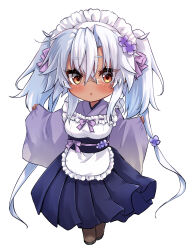 1girl alternate_costume apron black_boots blue_hakama boots commentary_request dark-skinned_female dark_skin enmaided frilled_apron frills full_body glasses hakama highres japanese_clothes kantai_collection kimono long_hair maid maid_headdress mashiro_yukiya musashi_(kancolle) purple_kimono red_eyes simple_background solo twintails w_arms wa_maid white_apron white_background white_hair wide_sleeves