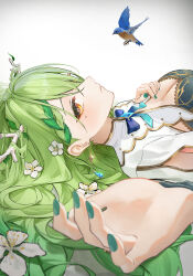 1girl absurdres bird blue_bird braid braided_bangs breasts ceres_fauna ceres_fauna_(1st_costume) cleavage commentary fingernails flower green_nails hair_branch hair_flower hair_ornament highres hololive hololive_english isolatediev large_breasts long_hair looking_at_viewer lying mole mole_under_eye nail_polish on_back orange_eyes simple_background virtual_youtuber white_background white_flower