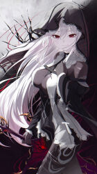 1girl absurdres black_sleeves black_veil breasts cleavage commentary_request double-parted_bangs dress hair_between_eyes highres holding long_hair long_sleeves looking_at_viewer original re_naya red_eyes scar scar_on_face sleeves_past_wrists torn_clothes torn_dress veil white_hair