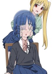 2girls black_jacket blonde_hair blue_hair bocchi_the_rock! chair disembodied_head dullahan green_jacket hair_ornament hairclip hands_on_another&#039;s_cheeks hands_on_another&#039;s_face highres ijichi_nijika jacket jbxpism misplaced_genitals multiple_girls on_chair penis penis_neck ponytail pussy shirt side_ponytail simple_background sitting solo textless_version uncensored what white_background white_shirt yamada_ryo yellow_eyes