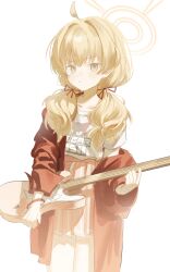 1girl absurdres ahoge animal_print blonde_hair blue_archive blush cat_print closed_mouth electric_guitar guitar hair_between_eyes hair_ribbon highres holding holding_guitar holding_instrument instrument jacket long_hair looking_at_viewer official_alternate_hairstyle official_art plaid_clothes plaid_skirt red_jacket red_ribbon red_skirt ribbon shirt short_sleeves sidelocks single_off_shoulder skirt solo twintails white_shirt wristband xianyusixu yellow_eyes yoshimi_(band)_(blue_archive) yoshimi_(blue_archive)