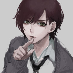Rule 34 | 1girl, arms up, black necktie, brown hair, cardigan, closed mouth, collared shirt, finger to mouth, green eyes, grey background, grey cardigan, highres, index finger raised, jiz (pffbq), long sleeves, looking at viewer, necktie, original, shirt, short hair, simple background, smile, solo, upper body, white shirt