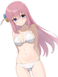 1girl absurdres arms_behind_back bikini blue_eyes bocchi_the_rock! breasts cleavage cube_hair_ornament gluteal_fold gotoh_hitori hair_ornament highres large_breasts long_hair looking_at_viewer navel one_side_up pink_hair simple_background solo swimsuit white_background white_bikini yobukodori