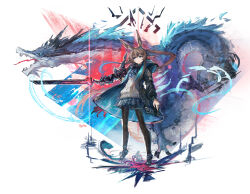 1girl absurdres amiya_(arknights) animal_ears arknights arm_armor ascot black_jacket black_pantyhose black_shoes blue_ascot blue_eyes blue_skirt brown_hair closed_mouth commentary dragon franlol full_body highres holding holding_sword holding_weapon hood hood_down hooded_jacket jacket jewelry long_hair long_sleeves miniskirt open_clothes open_jacket pantyhose plaid_clothes plaid_skirt pleated_skirt rabbit_ears rabbit_girl ring shoes skirt solo standing sweater sword weapon white_background white_sweater