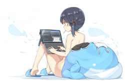 1girl bare_arms bare_legs bare_shoulders black_hair black_shorts breasts camisole camisole_removed candy casual_nudity chinese_commentary commentary_request computer food from_behind has_revision hatsunatsu in_mouth laptop leaning_back lollipop nude nudist original red_eyes short_hair short_shorts shorts side_ponytail sitting slippers small_breasts solo stuffed_animal stuffed_toy stuffed_whale unworn_shorts white_camisole