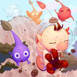 &gt;_&lt; 1boy black_eyes blue_pikmin brown_hair closed_eyes fiery_blowhog gloves highres male_focus nintendo olimar pikmin_(series) red_gloves red_pikmin solo spacesuit sweat yellow_pikmin yu_pikmin
