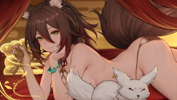 1girl absurdres animal_ear_fluff animal_ears ass bare_shoulders bed bell bikini blurry blurry_background bracelet breasts brown_bikini brown_hair cleavage_cutout closed_mouth clothing_cutout colored_tips commentary_request convenient_censoring feet_out_of_frame fox fox_ears fox_girl fox_tail from_side gradient_hair green_eyes hair_between_eyes head_rest highres holding holding_bell honkai:_star_rail honkai_(series) jewelry large_variant_set light_particles long_hair looking_at_viewer lying medium_breasts multicolored_hair on_bed on_stomach red_hair sideboob smile solo swimsuit tail thighs tingyun_(honkai:_star_rail) untied_bikini variant_set yunkaiming