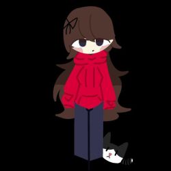 1girl black_eyes blush bow brown_hair cat fundamental_paper_education kaaatie kiffy_(artist) original pants red_shirt shirt