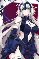 Rule 34 | 1girl, absurdres, ahoge, armor, armored dress, bamboo tac, bare shoulders, blush, breasts, chain, cleavage, clothing cutout, dress, fate/grand order, fate (series), flag, gauntlets, grey hair, grin, headpiece, highres, jeanne d&#039;arc alter (avenger) (fate), jeanne d&#039;arc alter (avenger) (third ascension) (fate), jeanne d&#039;arc alter (fate), large breasts, long hair, looking at viewer, navel, navel cutout, polearm, smile, solo, very long hair, weapon, yellow eyes