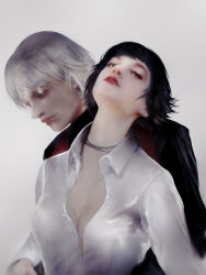 Rule 34 | 1boy, 1girl, black hair, dante (devil may cry), devil may cry (series), green eyes, grey background, heterochromia, lady (devil may cry), lipstick, makeup, momokulala, parted lips, red eyes, red lips, shirt, simple background, white hair, white shirt