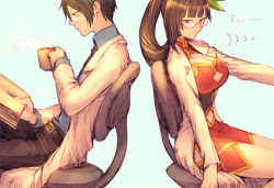 1boy 1girl arakune arc_system_works belt black_hair blazblue book breasts china_dress chinese_clothes cleavage cup dress glasses ichihashi_makoto lab_coat lao_jiu large_breasts litchi_faye_ling long_hair lotte_carmine mug panda pants ponytail red-framed_eyewear semi-rimless_eyewear under-rim_eyewear very_long_hair white_background