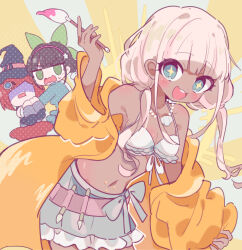 +_+ 3girls aeruusa bare_shoulders bikini bikini_top_only black_hair black_hat blue_bow blue_eyes blue_shirt blue_skirt bob_cut bow chabashira_tenko chibi chibi_inset coat commentary_request danganronpa_(series) danganronpa_v3:_killing_harmony dark-skinned_female dark_skin green_eyes green_ribbon hair_ornament hair_ribbon hairband hands_on_another&#039;s_arm hat holding holding_paintbrush jewelry looking_at_viewer mole mole_under_mouth multiple_girls navel necklace open_clothes open_coat open_mouth paintbrush purple_hairband red_hair red_skirt ribbon scared shell shell_necklace shirt skirt smile solo_focus stomach sweatdrop swimsuit teeth twintails upper_teeth_only white_bikini white_hair witch_hat yellow_coat yonaga_angie yumeno_himiko