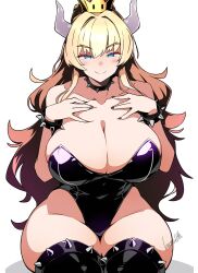 1girl artist_name bare_shoulders batta_16-sei black_choker black_leotard black_thighhighs blonde_hair blue_eyes bowsette bracelet breasts choker cleavage collarbone crown curvy hand_on_own_chest highleg highleg_leotard highres horns huge_breasts jewelry leotard long_hair looking_at_viewer mario_(series) new_super_mario_bros._u_deluxe nintendo simple_background smile spiked_bracelet spiked_choker spiked_thighhighs spikes thick_thighs thighhighs thighs white_background wide_hips