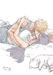 1boy 1girl absurdres animal bare_arms bare_shoulders bed_sheet black_hair blonde_hair blush boy_on_top breasts cat cleavage closed_eyes cloud_strife collarbone commentary_request couple dated emonekaku facing_another final_fantasy final_fantasy_vii from_side hand_on_another&#039;s_shoulder highres kiss large_breasts long_hair lying maru_(ff7) on_back pillow signature spiked_hair tifa_lockhart upper_body white_background white_cat