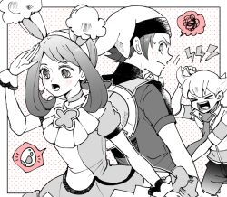 Rule 34 | &gt; &lt;, 1girl, 2boys, animal ears, atsumi yoshioka, barry (pokemon), beanie, blush, brendan (pokemon), egg, fake animal ears, hat, may (pokemon), may (spring 2021) (pokemon), multiple boys, nintendo, official alternate costume, open mouth, pokemon, pokemon dppt, pokemon egg, pokemon masters ex, pokemon oras, rabbit ears, scarf, spoken squiggle, spot color, squiggle, sweat, wrist cuffs