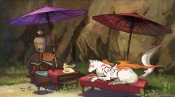 1boy 1girl amaterasu_(ookami) bird bird_feeding brown_kimono brush_stroke day fire grass highres instrument japanese_clothes kimono komuso markings monk music nature ookami_(game) outdoors parasol playing_flute playing_instrument reflector_(ookami) resting sparrow toonoot umbrella white_wolf wide_shot wolf