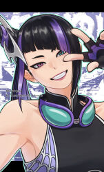 1girl aespa aqua_eyes bare_shoulders black_gloves black_hair commentary fingerless_gloves gamang_sae8 gloves goggles goggles_around_neck grin hair_bun hair_horns han_juri head_tilt heterochromia highres letterboxed long_hair looking_at_viewer multicolored_hair official_alternate_costume outside_border pink_eyes pink_lips purple_hair side_ponytail single_hair_bun smile solo streaked_hair street_fighter street_fighter_6 v v_over_eye