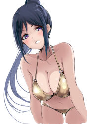 1girl alternate_costume bare_arms bikini blue_hair breasts cleavage collarbone commentary_request cowboy_shot gengoroh gold_bikini high_ponytail highres large_breasts leaning_forward light_blush long_hair looking_at_viewer looking_down love_live! love_live!_sunshine!! matsuura_kanan navel o-ring o-ring_bikini o-ring_top open_mouth ponytail purple_eyes simple_background smile solo stomach swimsuit teeth white_background