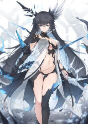 1girl black_hair black_thighhighs blue_eyes blue_hair breasts cleavage closed_mouth colored_inner_hair crossed_bangs crystal dual_wielding elbow_gloves expressionless feet_out_of_frame flower gloves hair_between_eyes head_wings highres holding holding_sword holding_weapon large_breasts long_hair looking_at_viewer medium_breasts multicolored_hair navel original revealing_clothes see-through_clothes single_glove single_thighhigh solo standing stomach sword thigh_gap thighhighs two-tone_hair very_long_hair weapon wings yue_ying_jin_feng