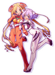 Rule 34 | 2girls, ayanami rei, blue eyes, blue hair, bodysuit, green eyes, io takuya, long hair, mecha pilot suit, multiple girls, neon genesis evangelion, plugsuit (evangelion), short hair, simple background, souryuu asuka langley, very long hair