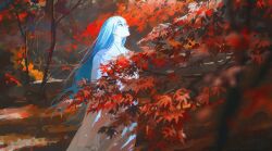 123456789qaqaqa 1boy autumn autumn_leaves day forest highres leaf long_hair maple_leaf nature original painting_(medium) scenery shadow solo traditional_media tree