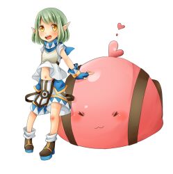 1girl :3 blue_gloves blue_shirt blush boots brown_boots chest_guard commentary_request fingerless_gloves full_body gloves green_hair looking_at_viewer mastering meiko_(nattu303) navel open_mouth pelvic_curtain pointy_ears ragnarok_online shirt short_hair shorts simple_background sleeveless sleeveless_shirt slime_(creature) smile solo standing super_novice_(ragnarok_online) turtleneck turtleneck_shirt two-tone_shirt white_background white_shorts yellow_eyes