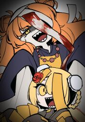1girl 2girls :d absurdres beads blonde_hair blue_robe brown_robe chibi don_quixote_(project_moon) double_bun e.g.o_(project_moon) flower hair_bun highres hundred-footed_death_maggot_(e.g.o) ishmael_(project_moon) limbus_company long_hair looking_at_viewer multiple_girls ofuda one_eye_covered open_mouth orange_hair prayer_beads project_moon red_flower red_rose red_sheet_(e.g.o) robe rose sharp_teeth short_hair simple_background sleeves_past_fingers sleeves_past_wrists smile solo talisman teeth upper_body white_background yellow_eyes zero_letter
