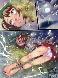 1girl artist_name ass blush bound_ankles brown_eyes brown_hair cardigan clenched_teeth dress electricity gen_1_pokemon gloria_(pokemon) grey_cardigan gym_challenge_uniform loli magnemite nintendo pain panties pokemon pokemon_(creature) pokemon_swsh ryona screaming sequential signature soon_(c-u-soon) sportswear teeth torture underwear white_panties