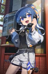 1girl :d artist_name belt black_belt black_shirt blue_eyes blue_hair blue_jacket fang fishing_lure hair_between_eyes hair_ribbon highres jacket long_hair long_sleeves multicolored_jacket nintendo octoling octoling_girl octoling_player_character open_clothes open_jacket open_mouth orange_ribbon pabuk5w payphone phone phone_booth ponytail puffy_long_sleeves puffy_sleeves ribbon shirt shorts smile solo splatoon_(series) talking_on_phone tentacle_hair two-tone_jacket watermark white_jacket white_shorts