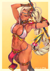 1girl abs blonde_hair breasts cleavage dark_skin f.s. highres large_breasts looking_at_viewer navel nipples original pelvic_curtain pole red_eyes short_hair standing
