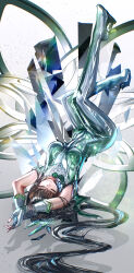 Rule 34 | 1girl, absurdres, advarcher, black hair, blunt bangs, bodysuit, closed mouth, commentary, eve (stellar blade), fingerless gloves, gloves, green bodysuit, highres, long hair, multicolored bodysuit, planet diving suit (7th) (stellar blade), ponytail, silver bodysuit, skin tight, sleeveless, sleeveless bodysuit, smile, solo, stellar blade, upside-down, white gloves