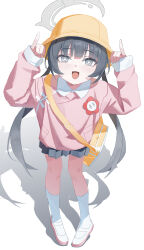 +_+ 1girl :d absurdres bag blue_archive blunt_bangs blush bright_pupils chinese_commentary collared_shirt commentary_request fanshuimucishen flower_pin full_body grey_hair grey_halo grey_skirt halo happy hat highres horns_pose kindergarten_bag kindergarten_uniform kisaki_(blue_archive) kisaki_(kindergarten_uniform)_(blue_archive) kneehighs long_hair long_sleeves looking_at_viewer low_twintails miniskirt name_tag official_alternate_costume official_alternate_hairstyle open_mouth partial_commentary pigeon-toed pink_shirt pinky_out pleated_skirt pocket puffy_long_sleeves puffy_sleeves school_hat shadow shirt shoes shoulder_bag sidelocks simple_background skirt sleeve_cuffs sleeves_past_wrists smile socks solo standing tiptoes twintails uwabaki very_long_hair white_background white_pupils white_shoes white_sleeve_cuffs white_socks yellow_bag yellow_hat