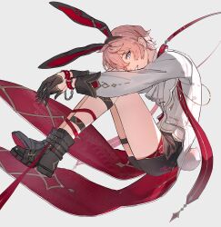 1boy absurdres aji_11300913 animal_ear_hairband animal_ears ascot belt belt_collar black_boots black_shorts blue_eyes boots bracelet chain coat coattails collar dahlia_(genshin_impact) fake_animal_ears floating_clothes from_side genshin_impact grin hair_behind_ear hairband headband highres jewelry knees_up lapels leash long_sleeves looking_at_viewer male_focus parted_bangs pink_hair profile rabbit_ear_hairband rabbit_ears rabbit_tail red_collar shirt short_hair shorts simple_background sleeve_cuffs smile solo tail teeth thigh_belt thigh_strap two-sided_coat two-sided_fabric white_ascot white_background white_coat