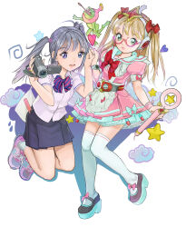 2girls :d apron belt black_shoes black_skirt blue_bow blue_eyes bow bowtie camcorder camera cloud comb dress_bow frog glasses green_eyes grey_hair hair_bow hamos2 headphones heart highres holding holding_camera holding_hands holding_wand lipstick magical_girl maid_apron makeup multiple_girls open_mouth original pink_shoes red_bow shoes short_sleeves skirt smile sneakers standing striped_bow striped_bowtie striped_clothes thighhighs twintails two_side_up video_camera wand watch white_thighhighs wristwatch zettai_ryouiki