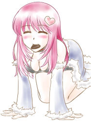 1girl all_fours black_shorts black_tank_top blue_cape blue_sleeves blush breasts candy cape chocolate chocolate_heart cleavage closed_eyes closed_mouth commentary_request detached_sleeves food food_in_mouth full_body fur-trimmed_cape fur-trimmed_sleeves fur_trim hair_ornament harunyan heart heart-shaped_food heart_hair_ornament long_hair medium_breasts pink_hair ragnarok_online short_shorts shorts simple_background smile solo stalker_(ragnarok_online) tank_top valentine waist_cape white_background