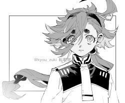 1girl asticassia_school_uniform closed_mouth commentary_request greyscale gundam gundam_suisei_no_majo hairband kyou_zuki long_hair looking_at_viewer monochrome ponytail school_uniform solo suletta_mercury thick_eyebrows twitter_username upper_body