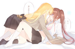 Rule 34 | 2girls, between legs, black skirt, black socks, blonde hair, blush, bra, brown hair, collared shirt, commentary request, fate testarossa, grey jacket, hand on another&#039;s face, highres, holding another&#039;s wrist, jacket, long hair, lyrical nanoha, mahou shoujo lyrical nanoha, multiple girls, open clothes, open shirt, orange eyes, parted lips, pink bra, pleated skirt, purple eyes, shirt, shiyoi, side ponytail, simple background, skirt, socks, speech bubble, takamachi nanoha, translation request, underwear, white background, white shirt, white socks, yuri