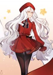 1girl beret black_pantyhose breasts brooch caren_hortensia caren_hortensia_(amor_caren) caren_hortensia_(amor_caren)_(second_ascension) dress fate/grand_order fate_(series) hat jewelry long_hair long_sleeves looking_to_the_side medium_breasts neck_ribbon pantyhose red_dress red_hat ribbon shawl shroud_of_magdalene smile solo star_(symbol) thighs user_pxyz8223 wavy_hair white_hair yellow_eyes