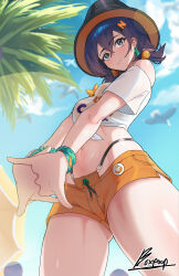 1girl absurdres belle_(zenless_zone_zero) bikini bikini_under_clothes blue_hair blue_sky blush breasts closed_mouth cloud grey_eyes hair_ornament highres letter_hair_ornament looking_at_viewer medium_breasts navel official_alternate_costume orange_bikini orange_shorts palm_tree poopman shirt shorts sky smile solo swimsuit tied_shirt tree white_shirt zenless_zone_zero