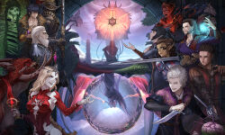&gt;:) 4girls 6+boys angry armor astarion axe baldur&#039;s_gate baldur&#039;s_gate_3 battle beard_stubble belt black_coat black_hair blonde_hair blue_jacket bodysuit braid brain breastplate brown_eyes brown_hair casting_spell circlet coat colored_skin commentary dagger detached_sleeves dungeons_&amp;_dragons elf english_commentary enver_gortash everyone facial_hair floating floating_object from_side gale_(baldur&#039;s_gate) gith_(dungeons_&amp;_dragons) glint glowing grey_hair grin group_battle hand_on_own_chest hand_up headpiece holding holding_axe holding_dagger holding_knife holding_sword holding_weapon intellect_devourer jacket karlach ketheric_thorm knife lae&#039;zel long_hair long_sleeves magic mindflayer monster multicolored_hair multiple_boys multiple_girls open_mouth orb orin_the_red outdoors pauldrons pointy_ears rapier red_bodysuit red_eyes red_hair red_skin scar scar_on_face serious shadowheart_(baldur&#039;s_gate) sharp_teeth short_hair shoulder_armor single_braid sitting skeleton smile standing stubble sword teeth tenyo0819 the_dark_urge_(baldur&#039;s_gate) the_emperor_(baldur&#039;s_gate) tiefling two-tone_hair upper_body us_(baldur&#039;s_gate) v-shaped_eyebrows weapon white_skin wyll_(baldur&#039;s_gate) yellow_skin