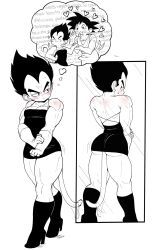 2boys ass blush boots bulge cross-laced_clothes cross-laced_dress dog_tail dougi dragon_ball dragonball_z dress erection erection_under_clothes halter_dress halterneck heart heart-shaped_pupils imagining male_focus mirror multiple_boys muscular muscular_male niusesabe saiyan_tail short_dress shorter_male son_goku spiked_hair sweatdrop symbol-shaped_pupils tail thighs vegeta yaoi
