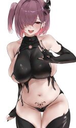 1girl bare_shoulders black_gloves black_horns black_nails black_shirt black_thighhighs blush breasts chest_belt collarbone colored_inner_hair commentary ear_piercing elbow_gloves english_commentary fingerless_gloves fingernails gloves goddess_of_victory:_nikke hair_over_one_eye highres horns huge_breasts liaowen looking_at_viewer medium_hair multicolored_hair nail_polish navel o-ring one_eye_covered one_side_up open_mouth piercing pink_eyes pink_hair pubic_tattoo shiny_skin shirt sideboob simple_background single_horn smile solo stomach tattoo thighhighs thighs w white_background ziz_(nikke)