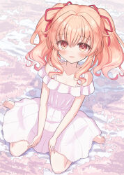 1girl bare_arms bare_shoulders barefoot blush bow breasts dress full_body hands_on_lap highres looking_at_viewer on_floor open_mouth original pink_hair seiza shionic_zm simple_background sitting small_breasts solo twintails white_dress