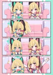 2girls 4koma :q animal_ear_headphones animal_ears arashiya arms_up blonde_hair blue_archive blue_necktie blush bow cat_ear_headphones cat_ears coat comic controller couch embarrassed fake_animal_ears full-face_blush game_controller green_eyes hair_bow halo hand_to_own_mouth headphones highres incest kiss midori_(blue_archive) momoi_(blue_archive) multiple_girls necktie off_shoulder playing_games red_eyes ribbon shirt short_hair siblings sisters sitting smile surprised tongue tongue_out twincest twins white_coat white_shirt yuri