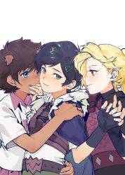 3girls amphibia anne_boonchuy arm_around_waist armor black_hair blonde_hair blue_eyes brown_eyes brown_hair cape covering_another&#039;s_mouth dark-skinned_female dark_skin dogwhitee fur_trim girl_sandwich green_eyes hair_ornament hairclip holding_hands leaf leaf_on_head light_blush marcy_wu multiple_girls sandwiched sasha_waybright scale_armor short_hair simple_background smile yuri